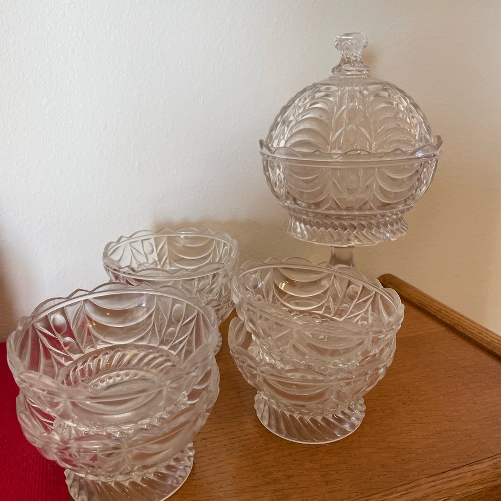 Vintage Molded Glass Dessert Dishes and Covered Compote - Clear Glass